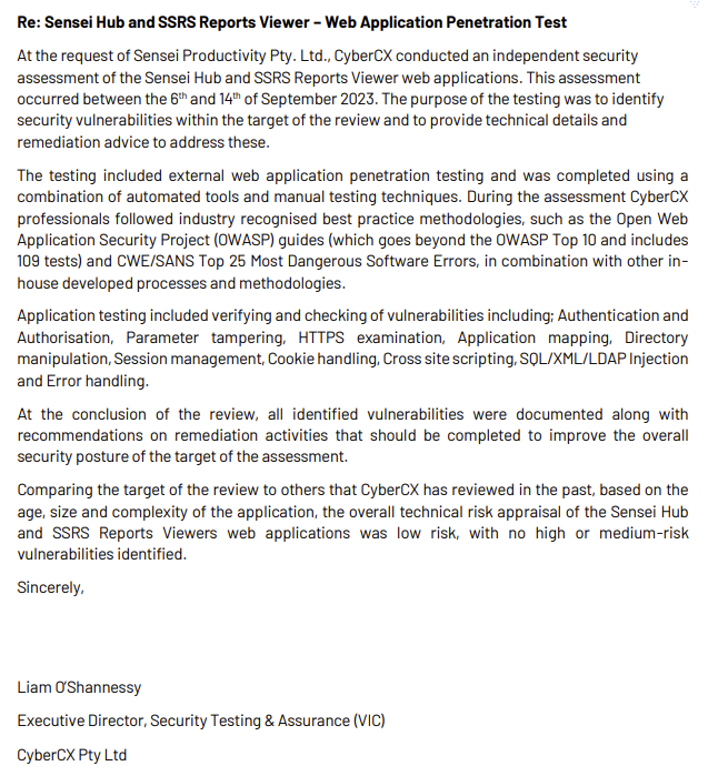 Image shows a letter of attestation from CyberCX regarding the 2023 security review 