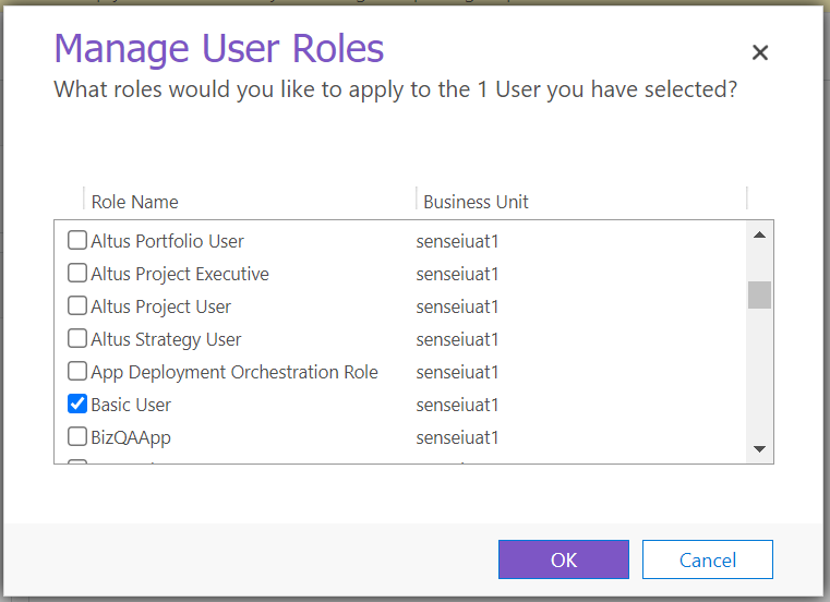 Image shows the manage user roles dialog with basic user highlighted