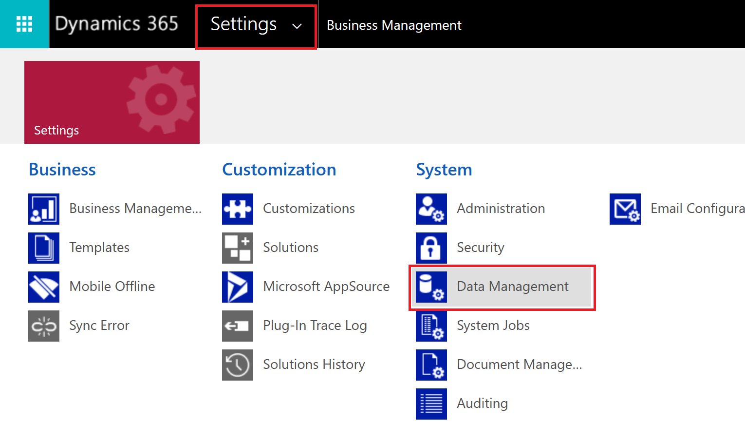 Image shows Dynamics 365 settings, data management location