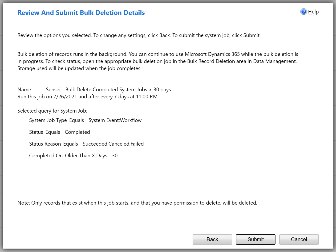 Image shows the review and submit bulk deletion details dialog