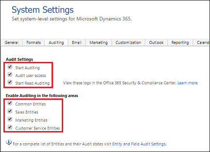 Image shows the Dynamics audit settings