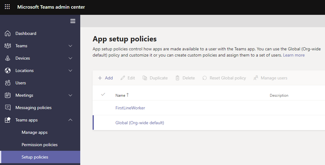 Image shows the app set up policies page