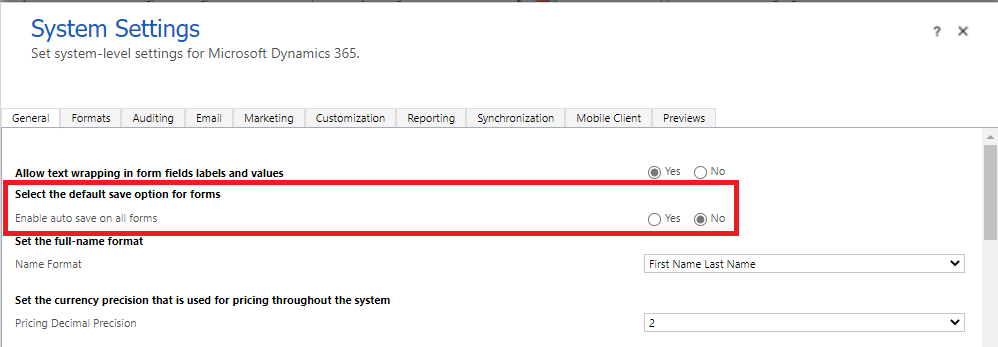 Image shows the systems settings page highlighting the default save toggle
