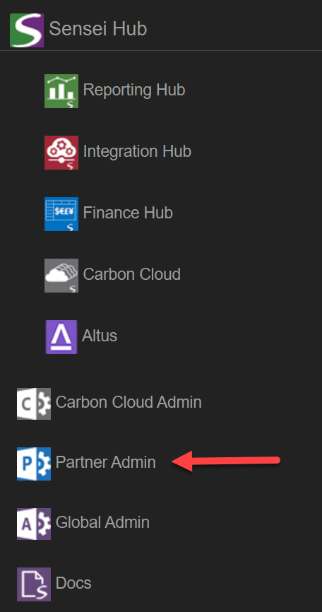 Image shows the Hub Partner Admin navigation