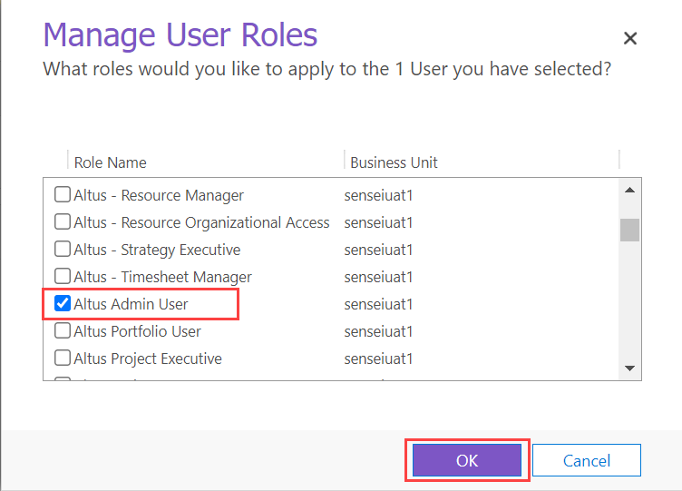 Image shows the manage user roles dialog with Altus Admin User highlighted