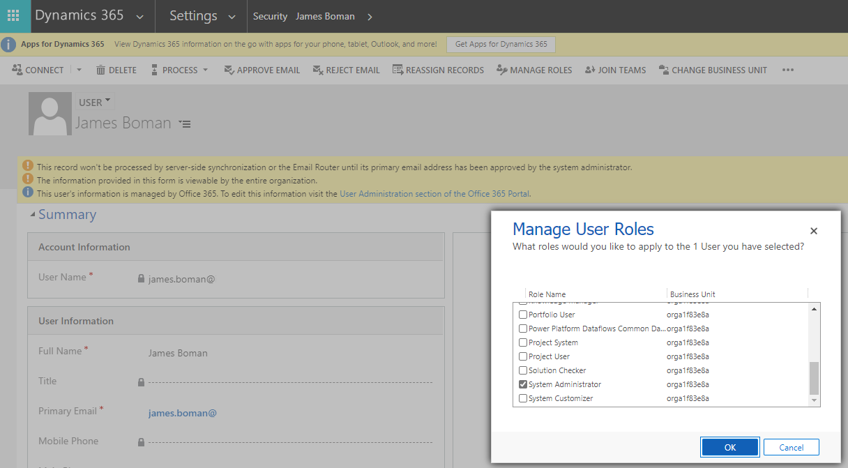 Image shows the manage user roles page