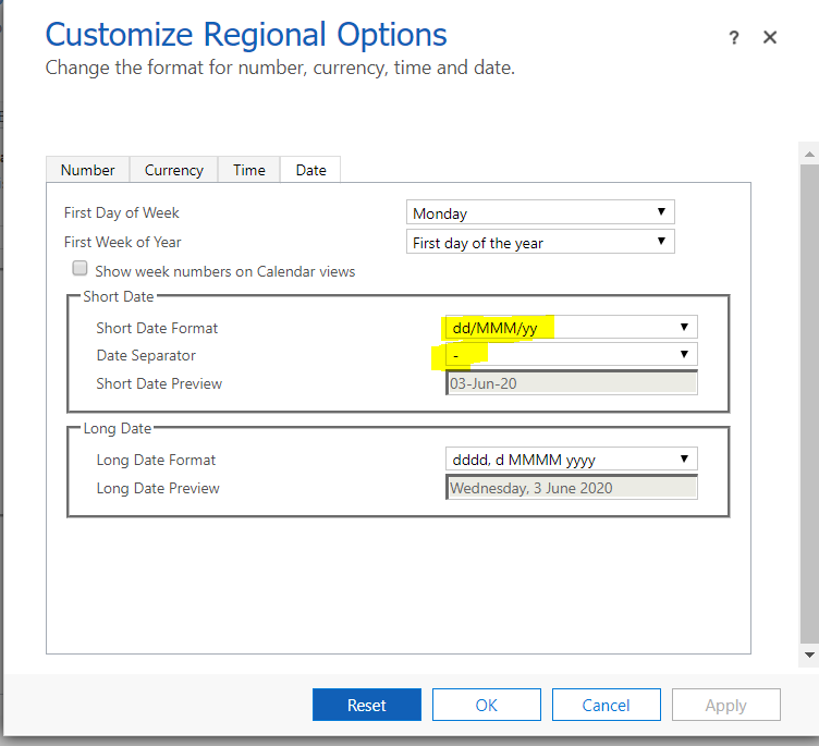 Image shows the customized regional options page