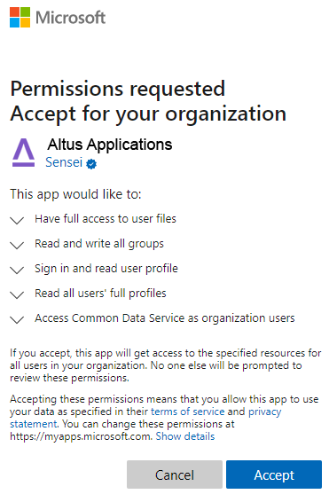 Image shows delegated permissions