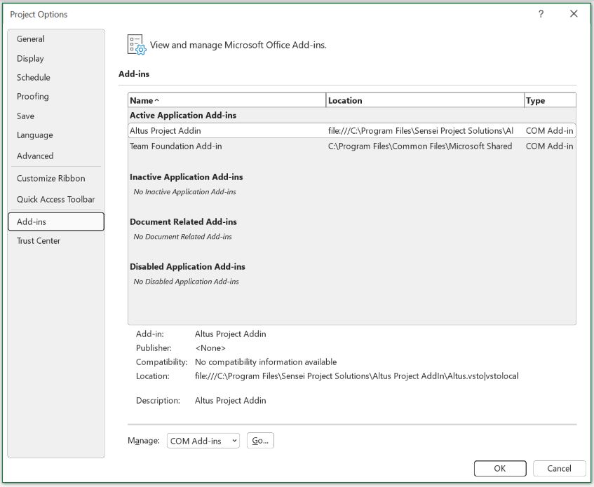 This screen displays the Add-ins Options page in Microsoft Project