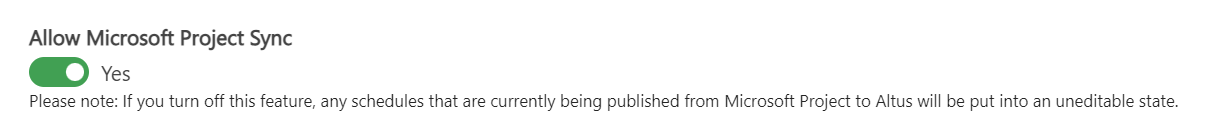 The Microsoft Project Configuration screen focused on the Allow Microsoft Project Sync section