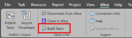 This screen shows the Build Team button highlighted within the Altus toolbar