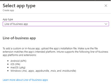 This screen displays the App type drop-down in Intune