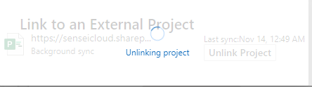 This screen displays the Link to an External Project pane showing that it is being unlinked