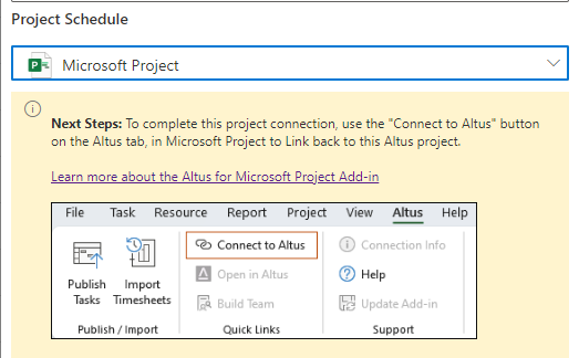 This screen displays the Microsoft Project section of the New Project screen