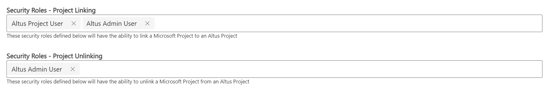 The Microsoft Project Configuration screen focused on the Security Roles section