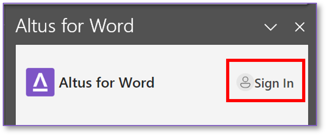 The Altus for Word pane with the Sign In button highlighted.