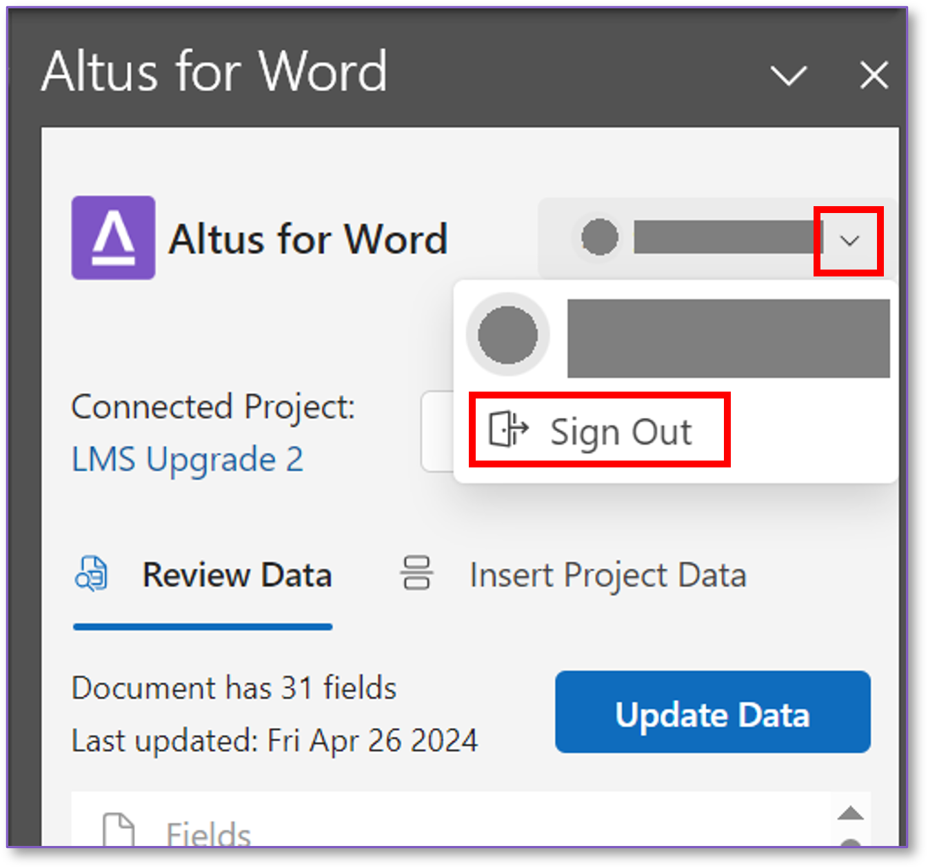 The Altus for Word pane with the Sign Out button highlighted.