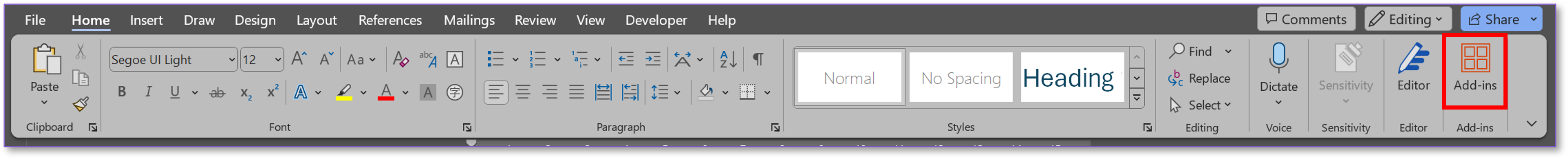 The Add-in button highlighted within the Word toolbar