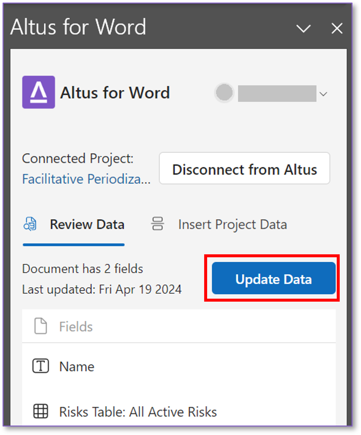 This shows the Altus for Word pane with the Update Data button highlighted.